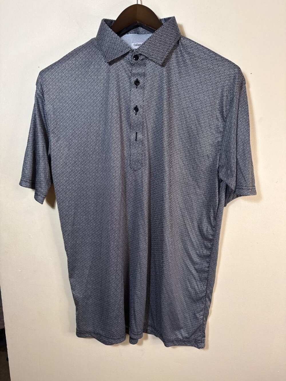 Collars & Co Mens XL Dress Collar Polo Shirt Black & White Maze Pattern 100% Pol